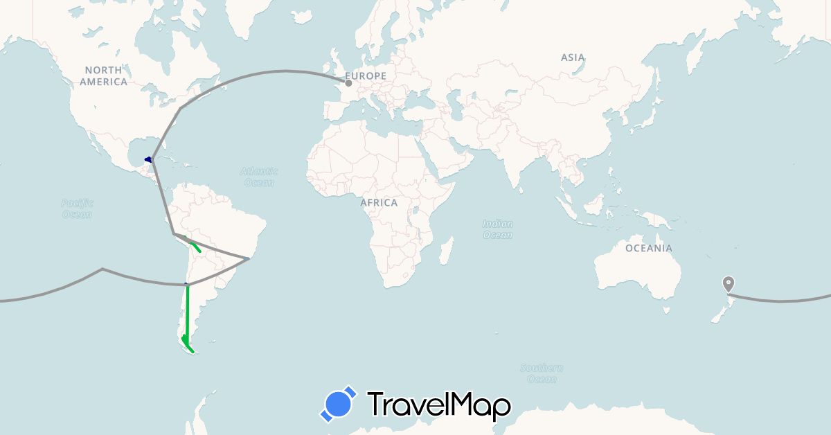 TravelMap itinerary: driving, bus, plane, hiking, boat in Argentina, Bolivia, Brazil, Chile, France, Mexico, New Zealand, Peru, United States (Europe, North America, Oceania, South America)